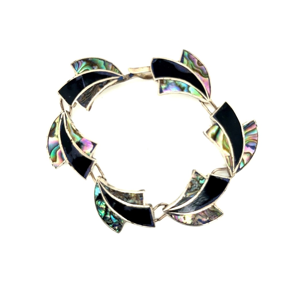 Vintage Mexico Sterling Silver Abalone Onyx Inlay Geometric Link Bracelet‎